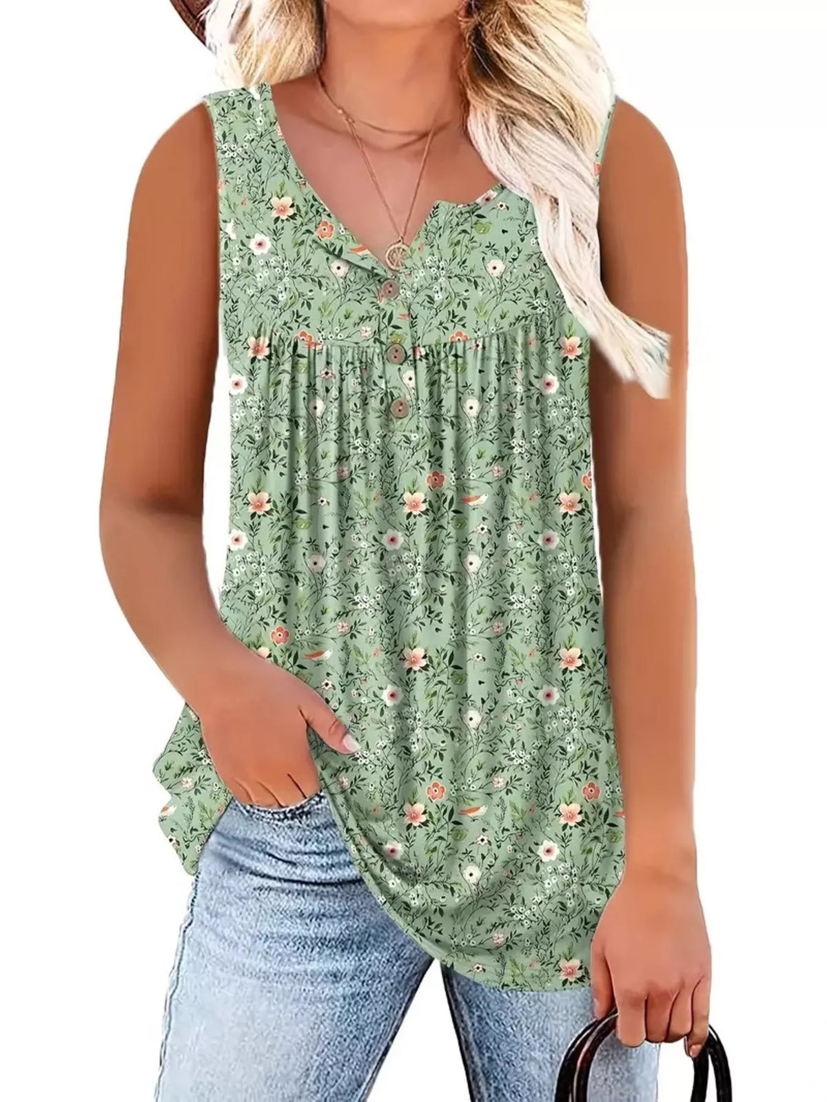 Full Size Floral Print Button Detail Tank Plus Size - Draped in Grace