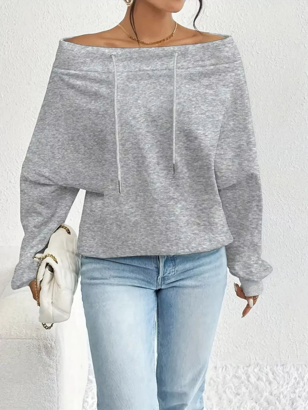 Off-Shoulder Drawstring Sweatshirt - Draped in Grace