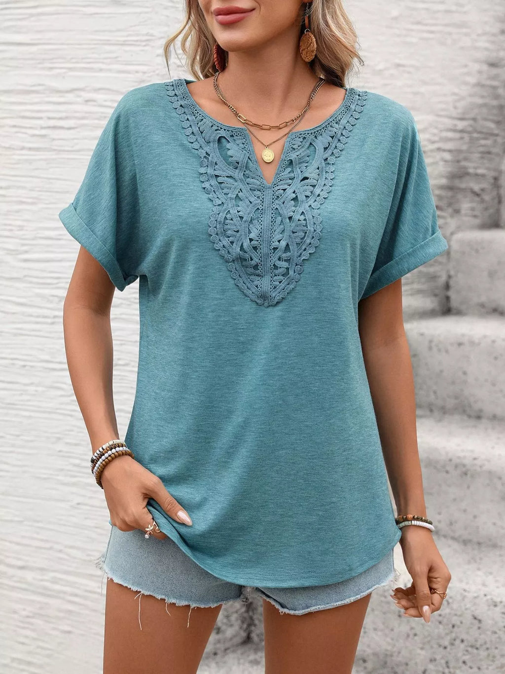 Lace Trim Short Sleeve T-Shirt - Draped in Grace