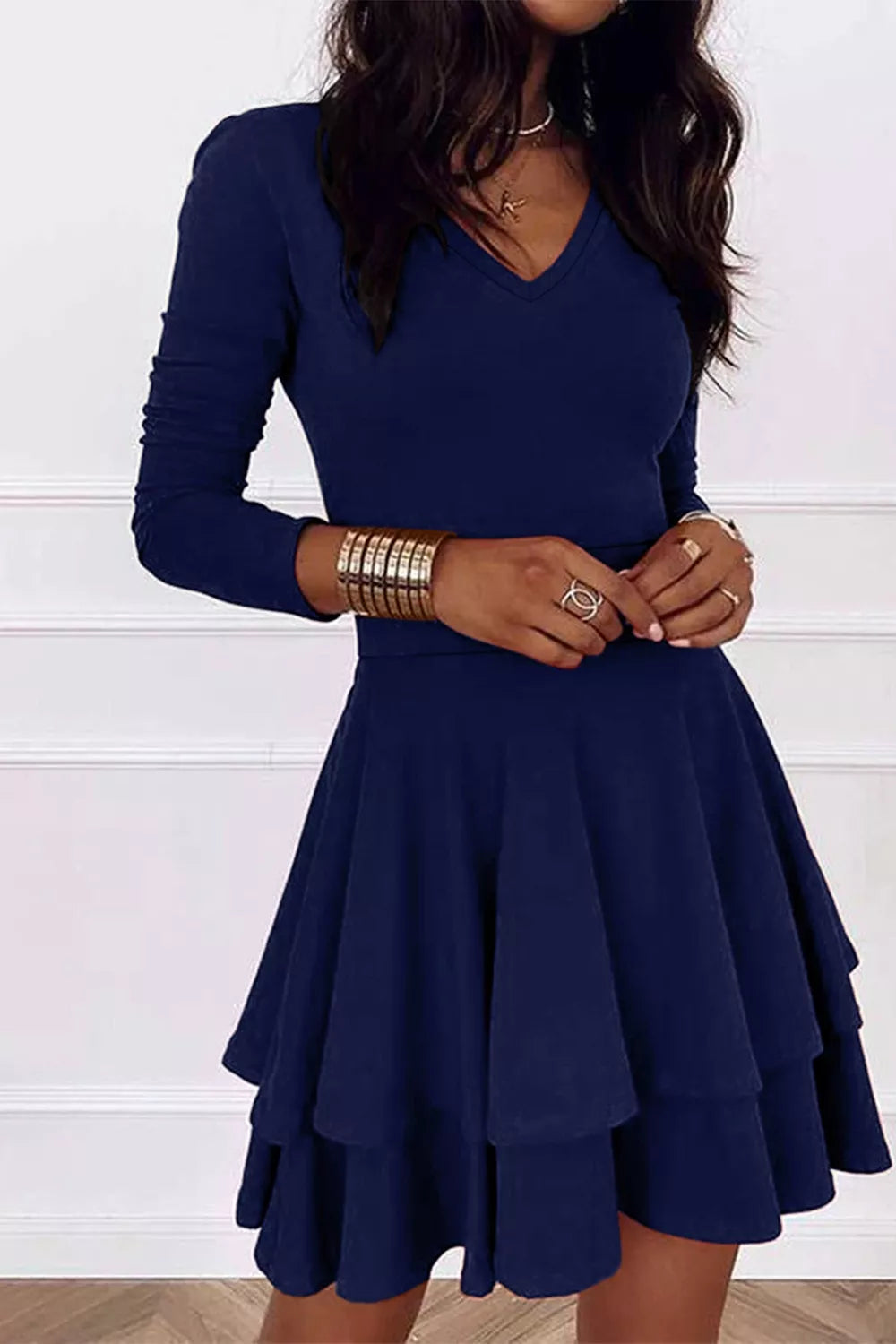 Layered Long Sleeve V-Neck Mini Dress - Draped in Grace