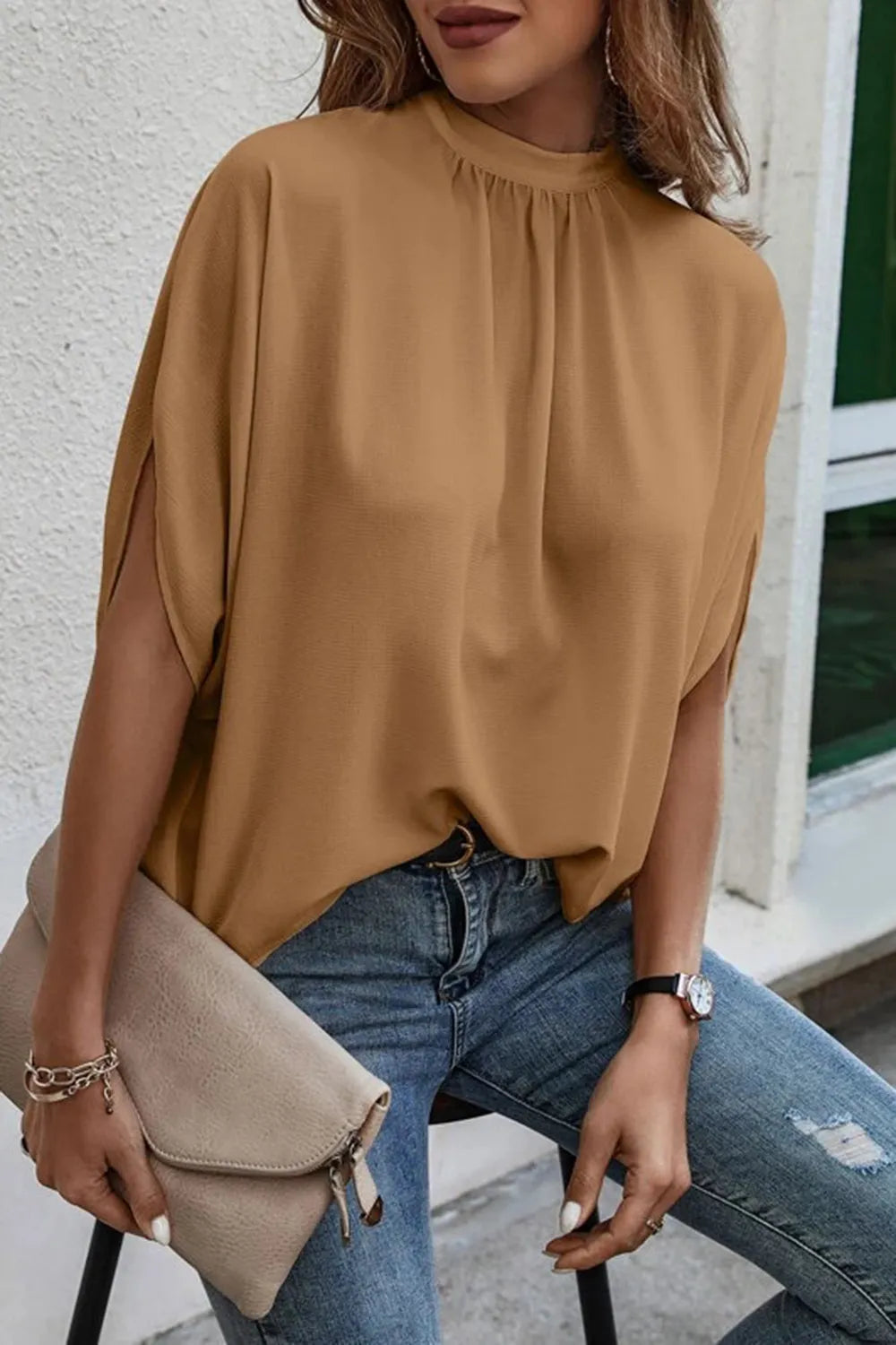 Tie Back Slit Half Sleeve Blouse - Draped in Grace