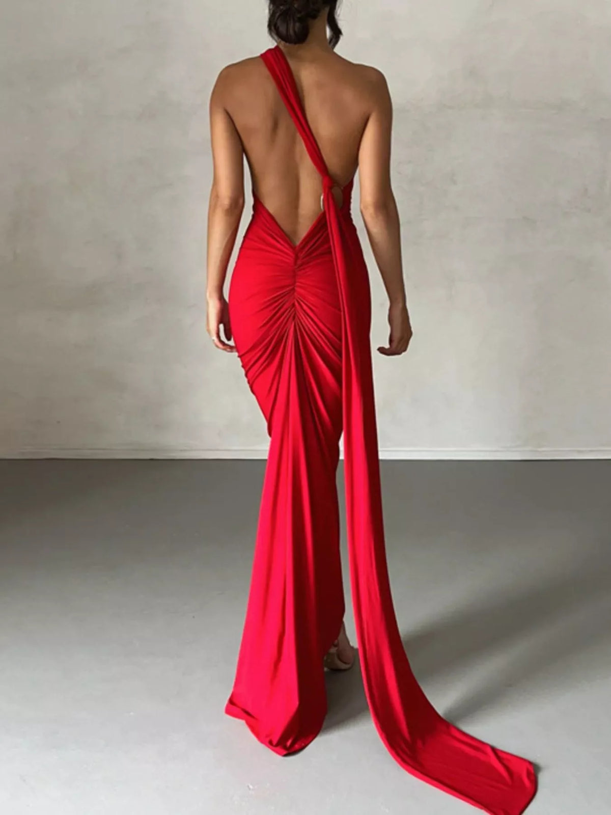 Backless One-Shoulder Ruched Bodycon Maxi Dress - Draped in Grace