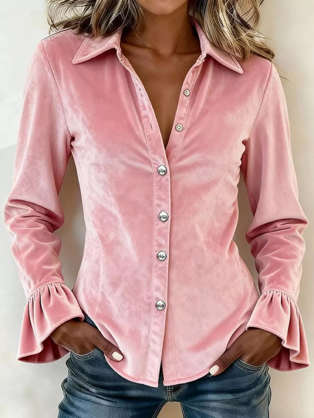Full Size Button Up Flounce Sleeve Shirt Plus Size - Draped in Grace