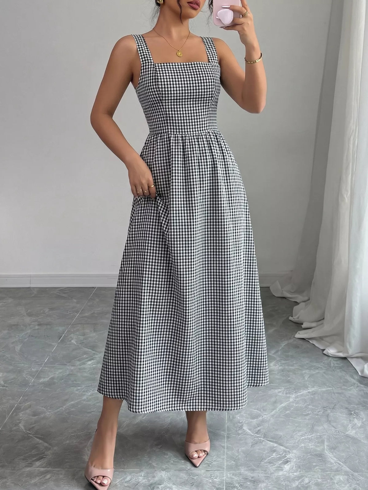 Square Neck Gingham Midi Dress - Draped in Grace