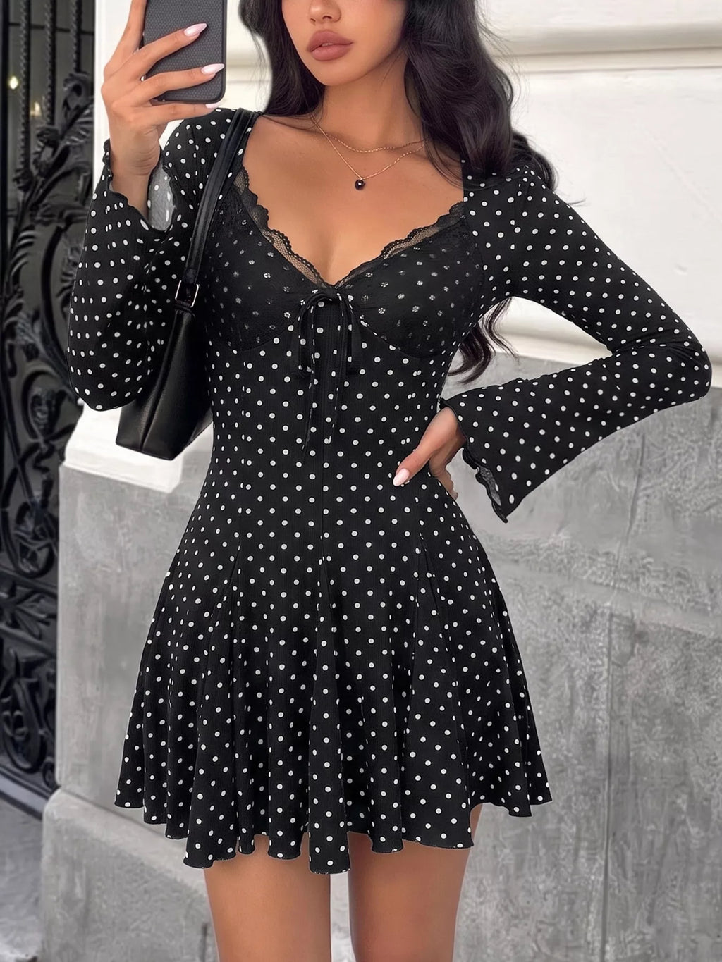 Polka Dot Lace Trimmed V-Neck Mini Dress - Draped in Grace