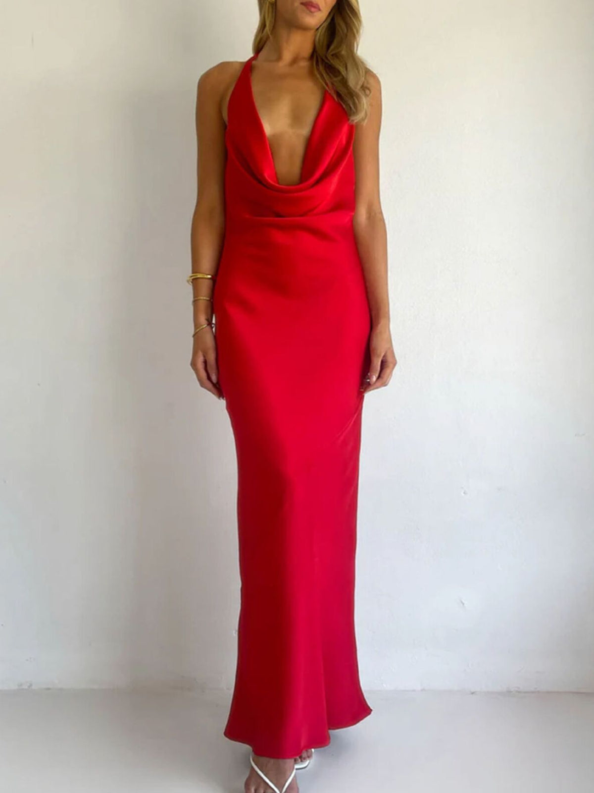 Halter Neck Satin Maxi Dress - Draped in Grace