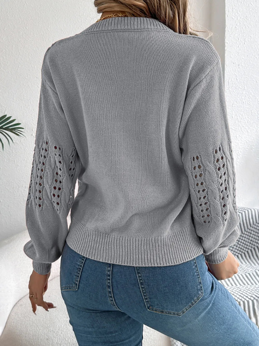 Openwork Round Neck Long Sleeve Sweater - Draped in Grace