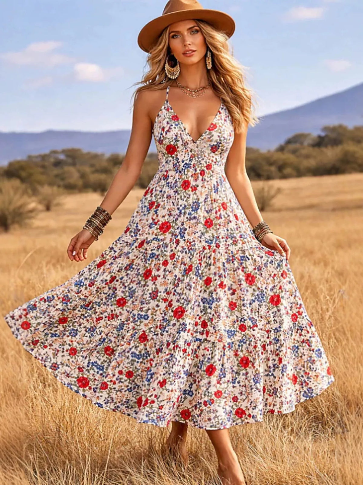 Floral Print V-Neck Midi Dress - Draped in Grace
