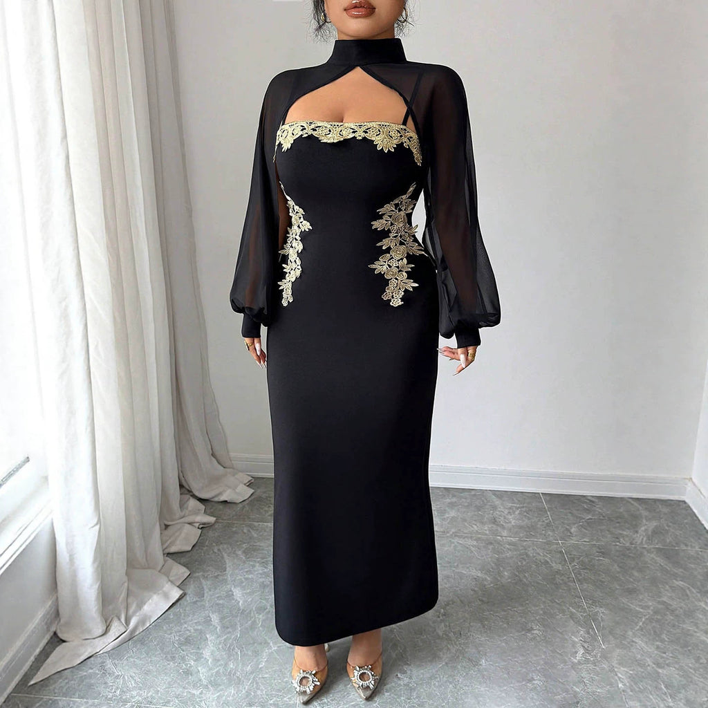 Gold-thread Embroidery Waist-cinching Mermaid Style Dress - Draped in Grace