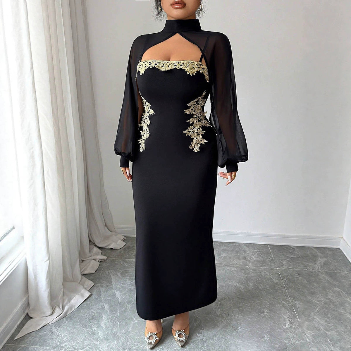 Gold-thread Embroidery Waist-cinching Mermaid Style Dress - Draped in Grace