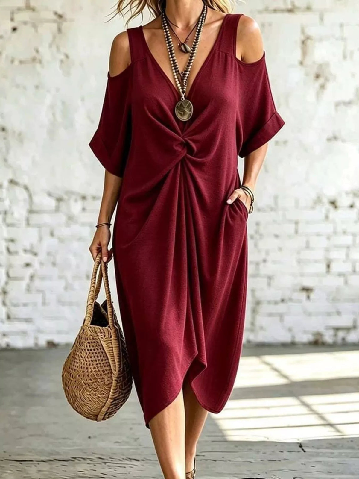 Full Size Cold Shoulder Twist Front Midi Dress Plus Size - Draped in Grace