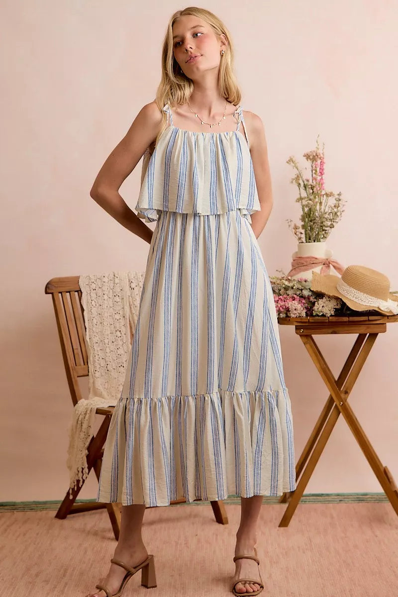 SO ME Stripe Tiered Shoulder Tie Midi Lined Dress - Draped in Grace