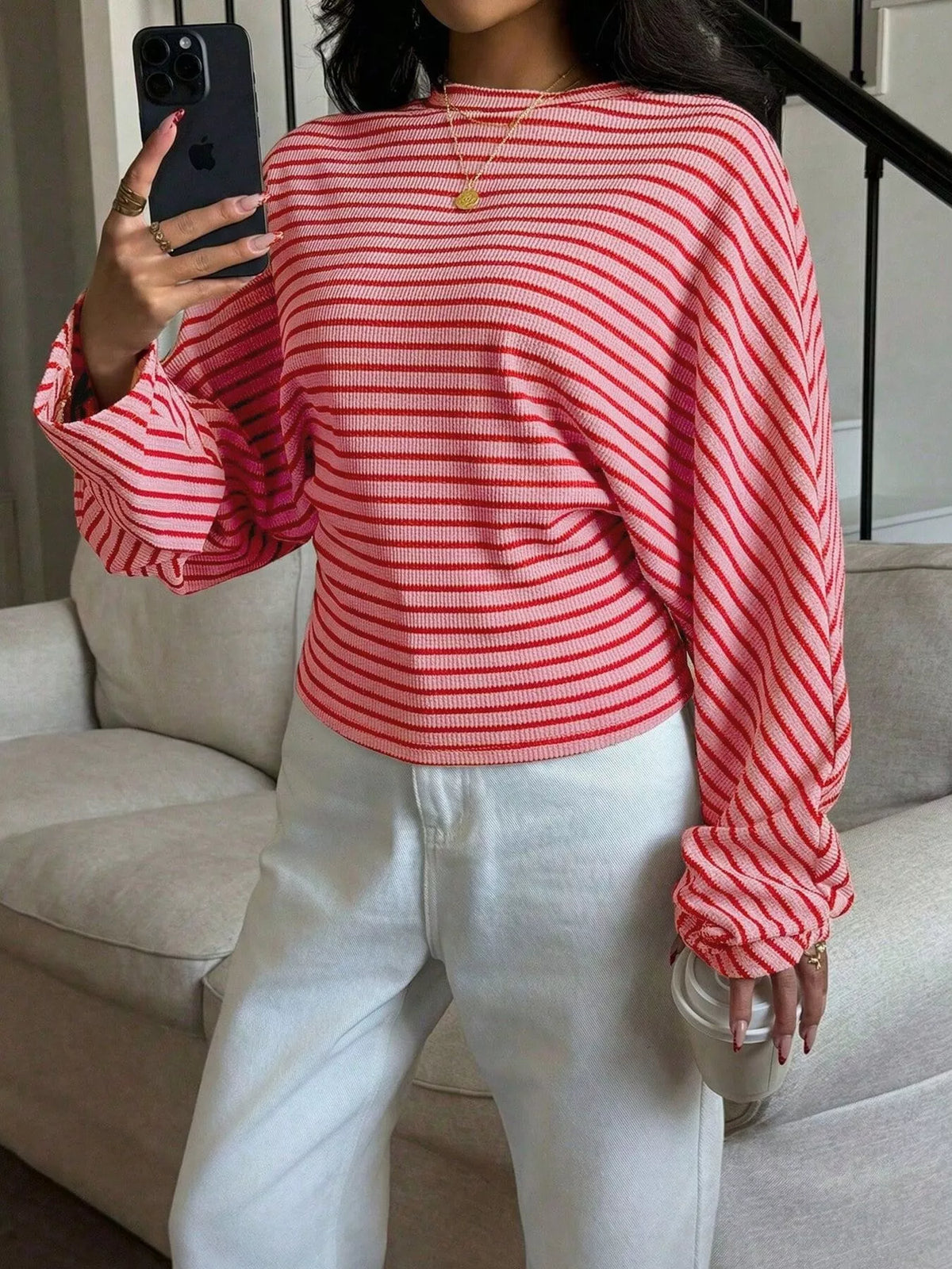Casual Striped Batwing Sleeve T-Shirt - Draped in Grace