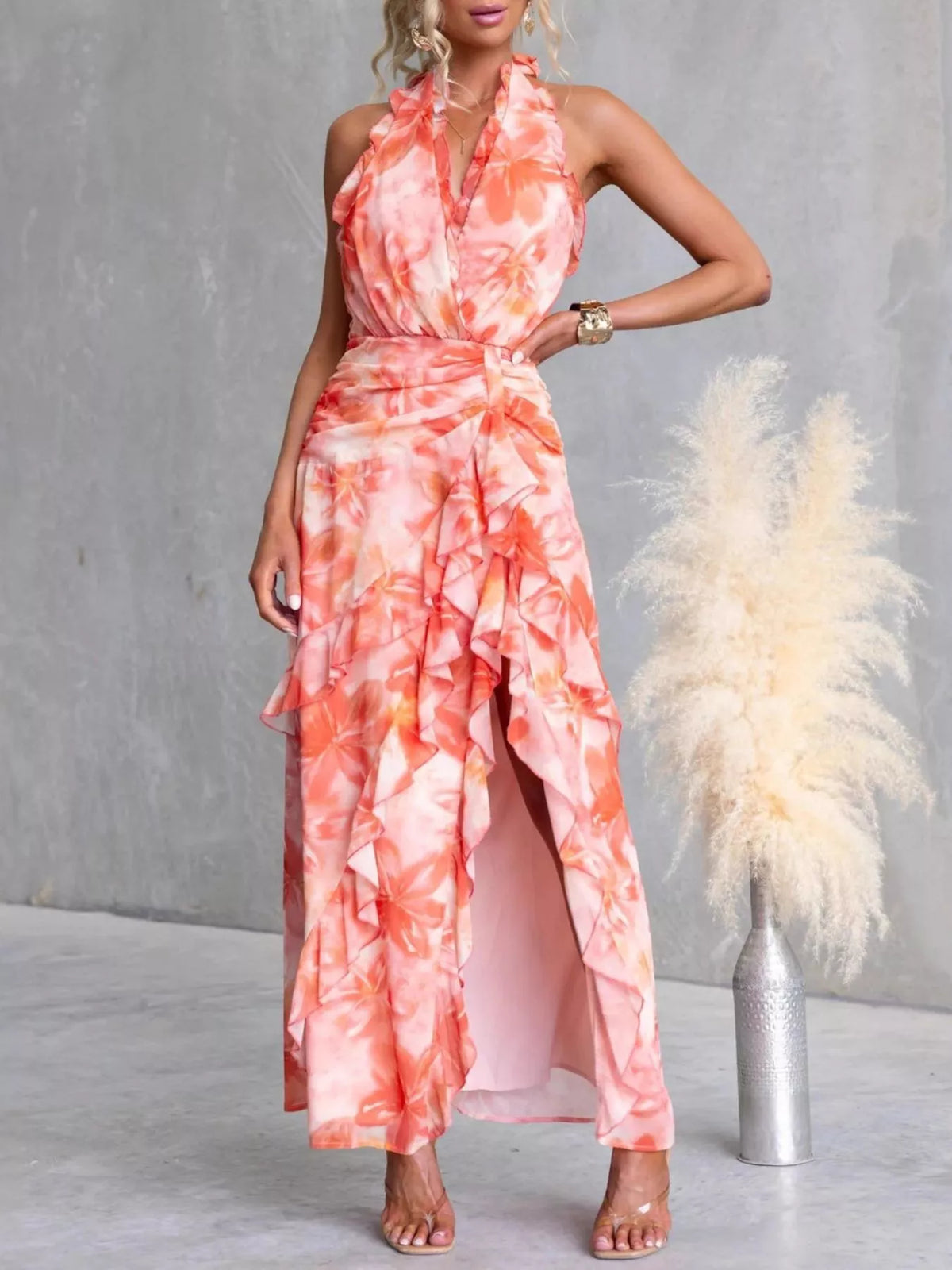 Floral Print Ruffle Halter Neck Maxi Dress - Draped in Grace