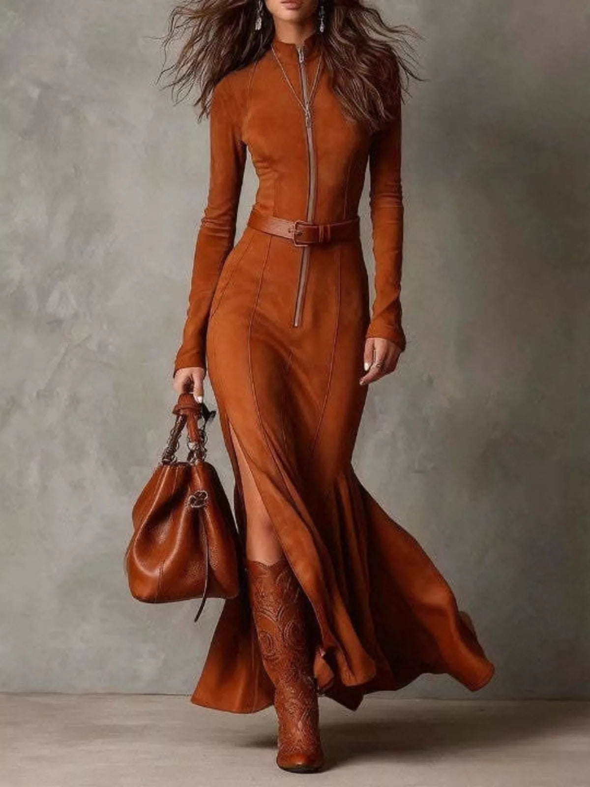 Full Size Slit Zip-Front Long Sleeve Maxi Dress with Belt Plus Size - Draped in Grace