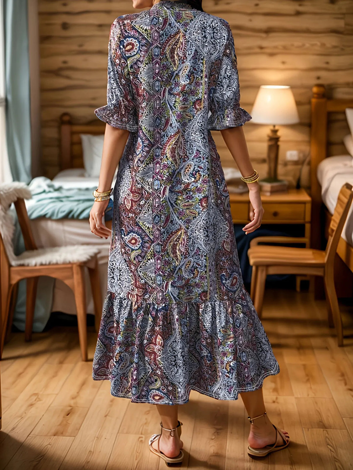 Full Size Bohemian Paisley Print Ruffle Hem Midi Dress Plus Size - Draped in Grace