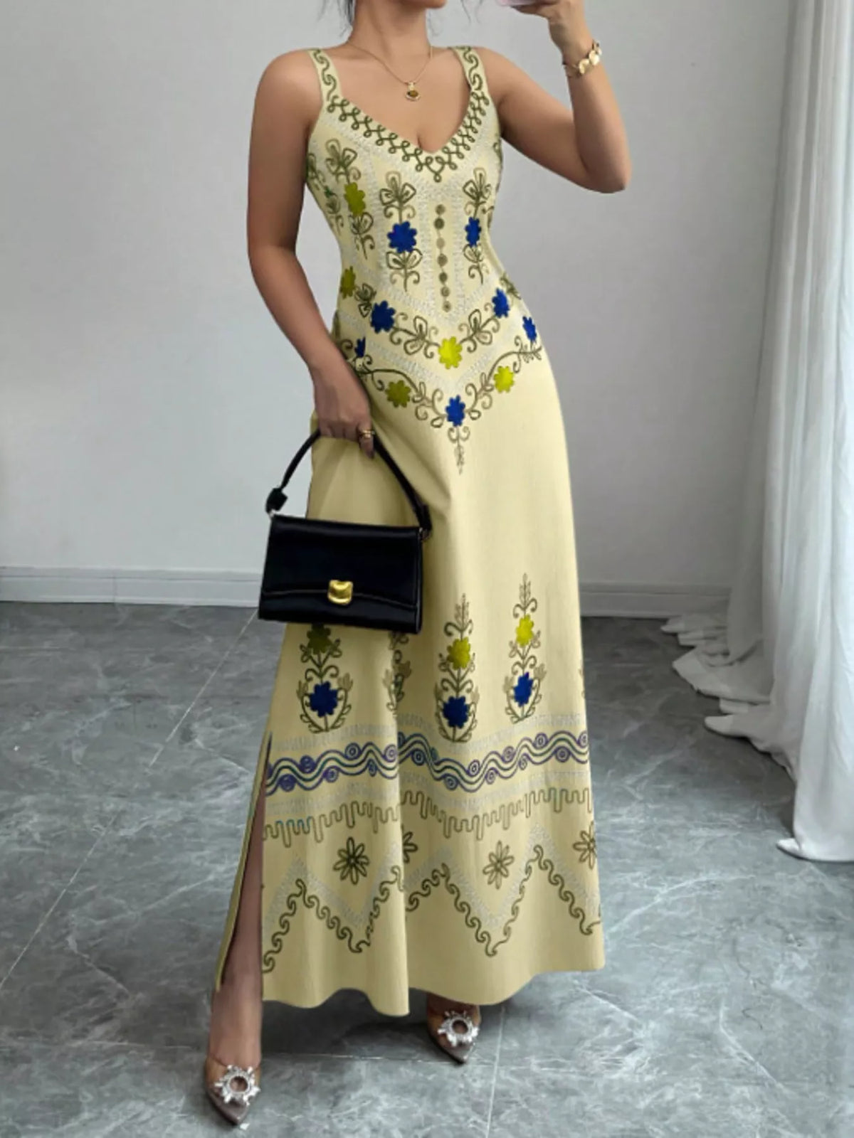 Floral Sleeveless Maxi Dress with Side Slit - Draped in Grace