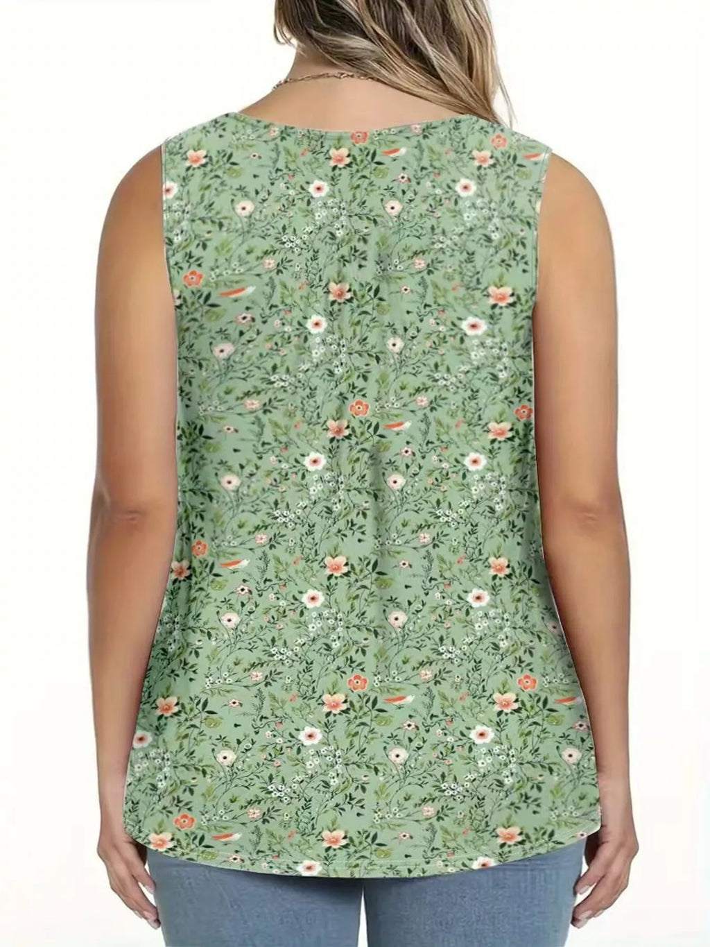 Full Size Floral Print Button Detail Tank Plus Size - Draped in Grace