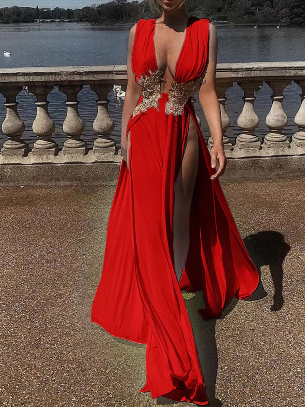 Deep V-Neck High Slit Maxi Dress - Draped in Grace