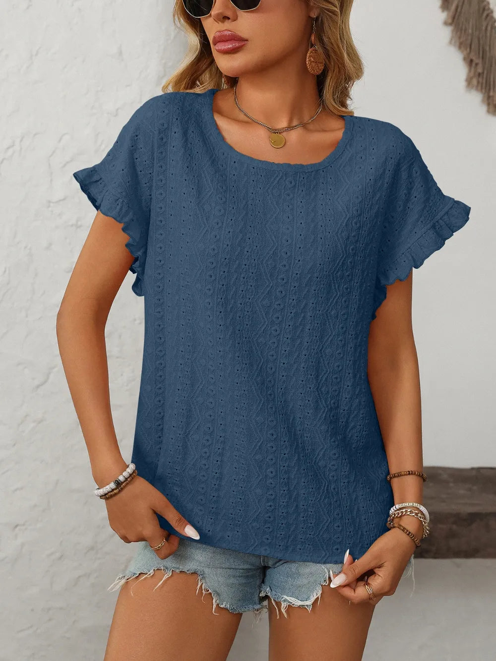 Mandy Eyelet Round Neck Short Sleeve Top - Draped in Grace