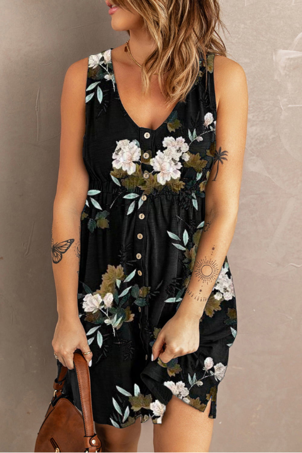 Double Take Printed Sleeveless Front Button Ruched Waist Side Slit Casual Magic Dress with Pockets - Draped in Grace