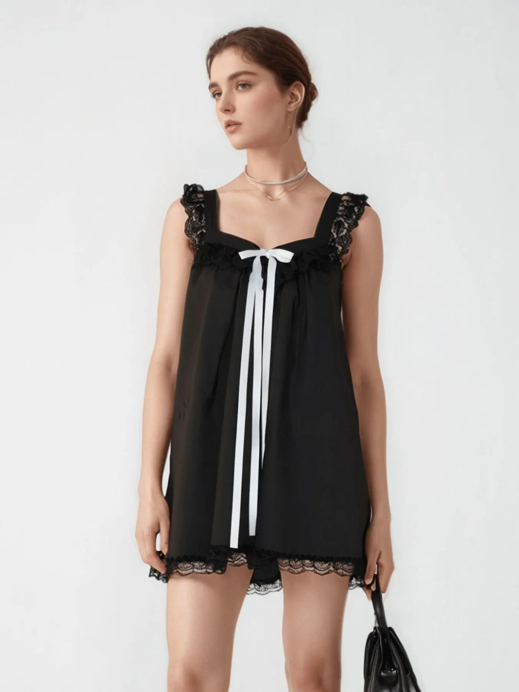 Lace Detail Bow Sleeveless Mini Cami Dress - Draped in Grace