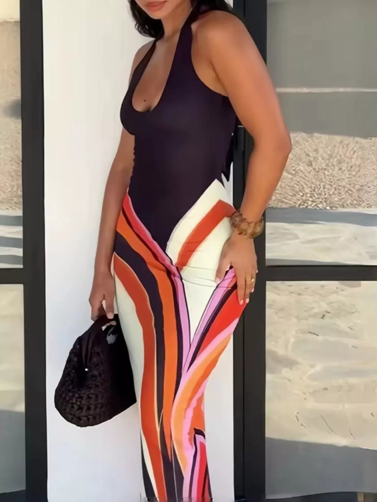 Halter Neck Maxi Dress with Abstract Print - Draped in Grace