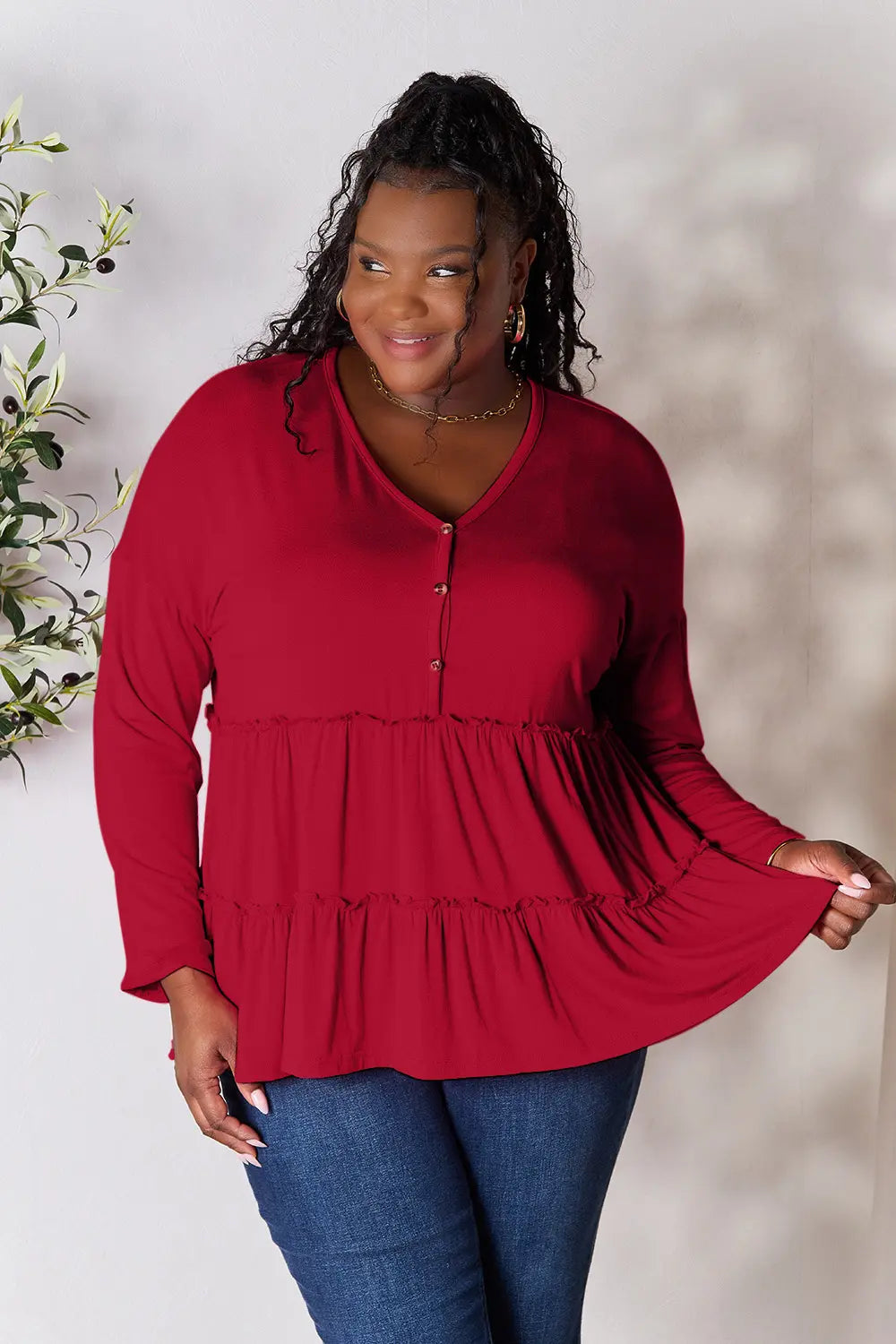 Double Take Half Button Long Sleeve Ruffle Hem Blouse - Draped in Grace