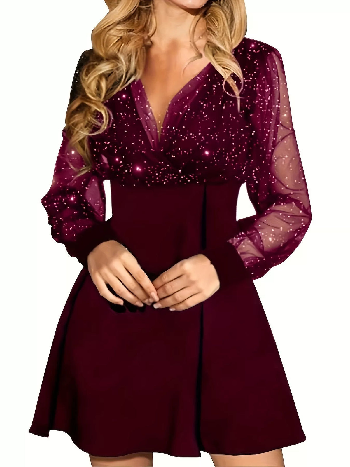 Glitter Mesh Long Sleeve Mini Dress - Draped in Grace