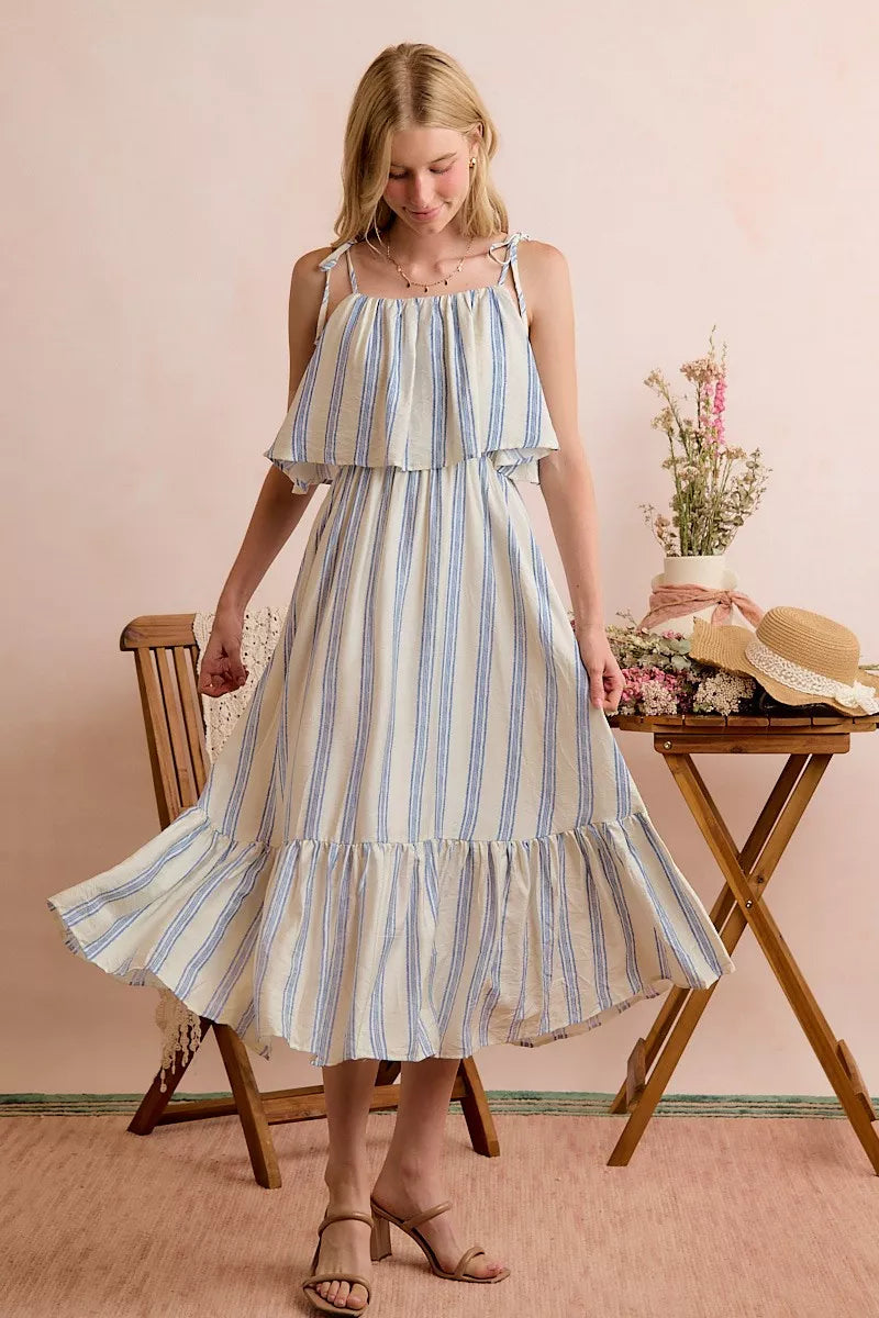 SO ME Stripe Tiered Shoulder Tie Midi Lined Dress - Draped in Grace