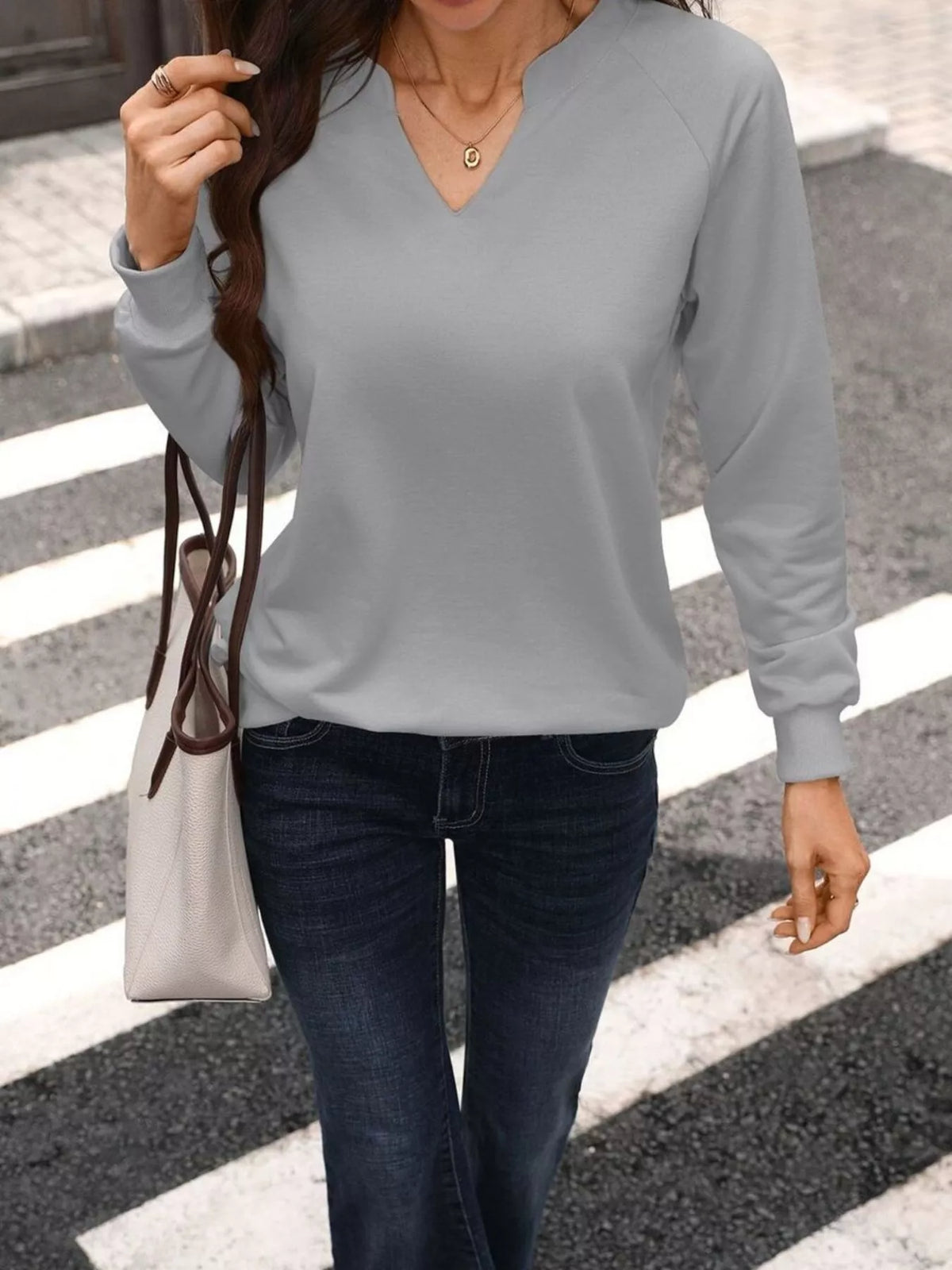 Notched Raglan Sleeve Sweatshirt - Draped in Grace