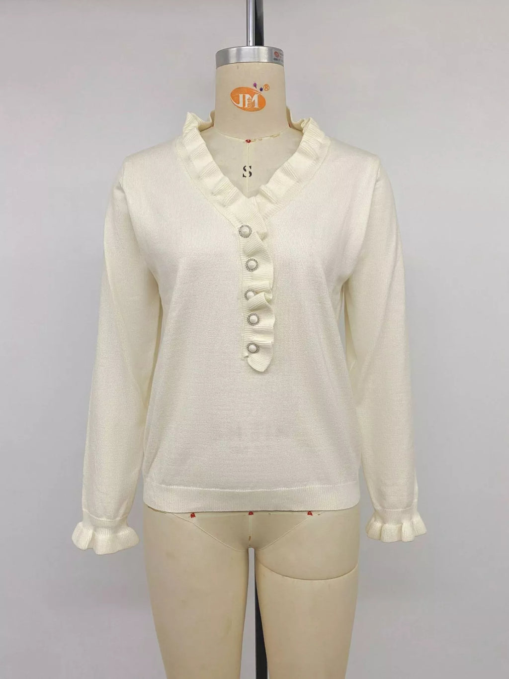 Ruffle Trim Pearl Button V-Neck Knit Top - Draped in Grace