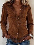 Fringed Button Up Long Sleeve Shirt - Draped in Grace