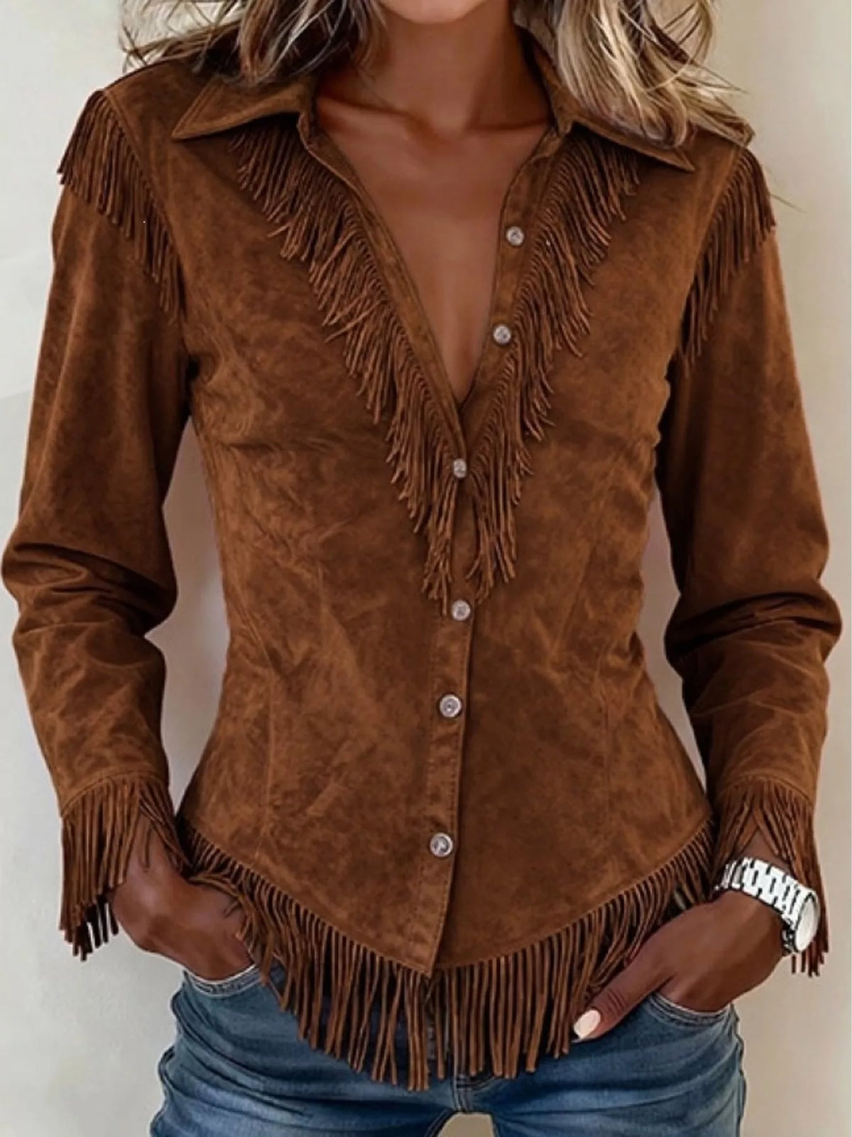 Fringed Button Up Long Sleeve Shirt - Draped in Grace