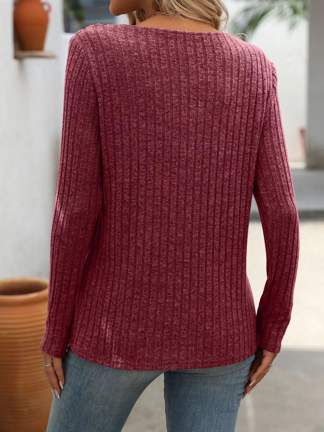 Ribbed Knit Long Sleeve Button Detail T-Shirt - Draped in Grace