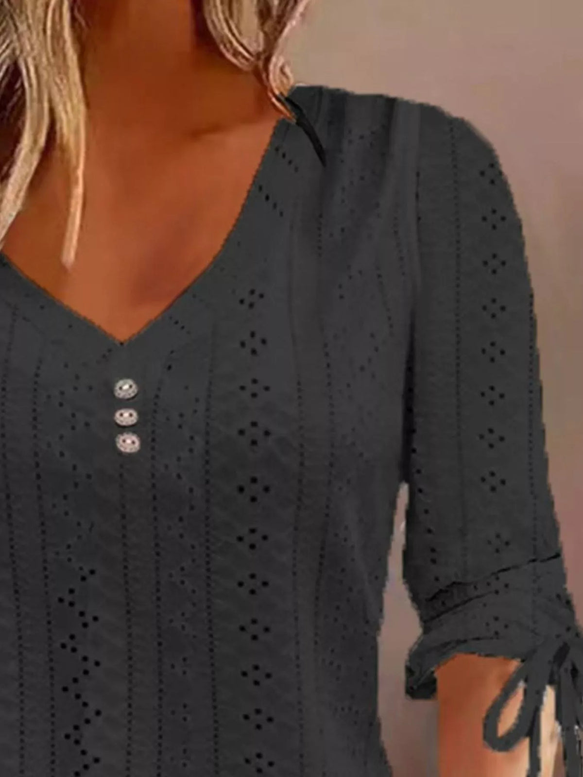 Full Size V-Neck Eyelet Drawstring Sleeve Top Plus Size - Draped in Grace