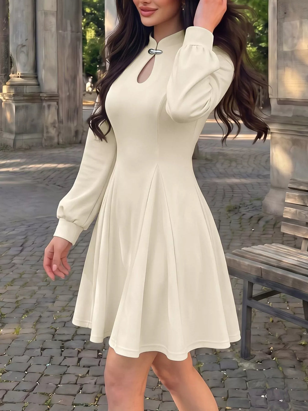 Keyhole Neckline Long Sleeve A-Line Mini Dress - Draped in Grace