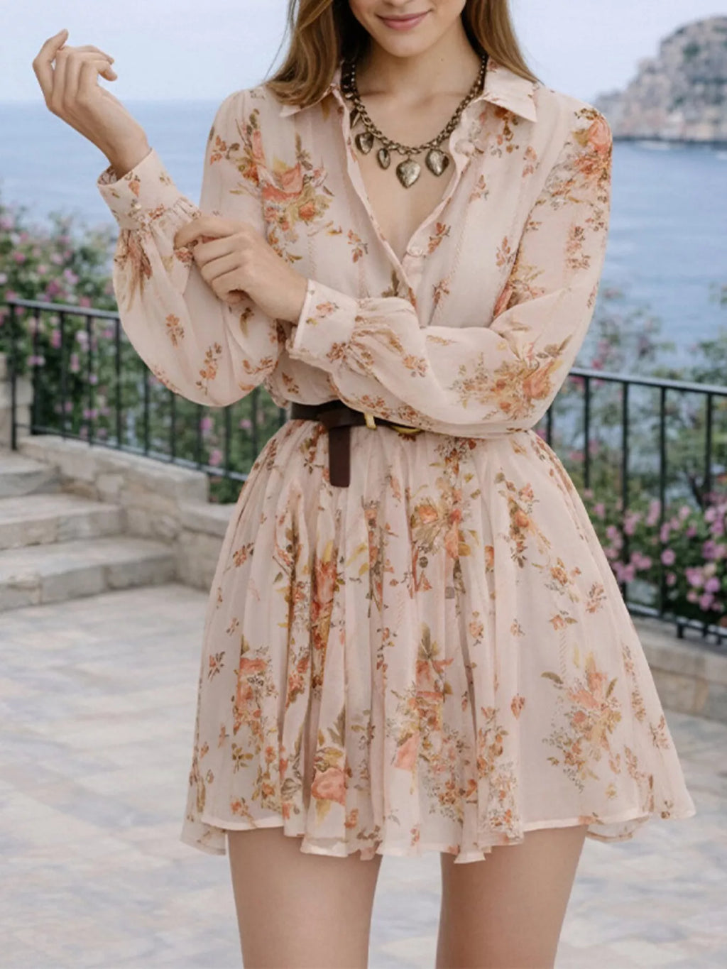 Full Size Floral Print Long Sleeve Shirt Dress Plus Size - Draped in Grace