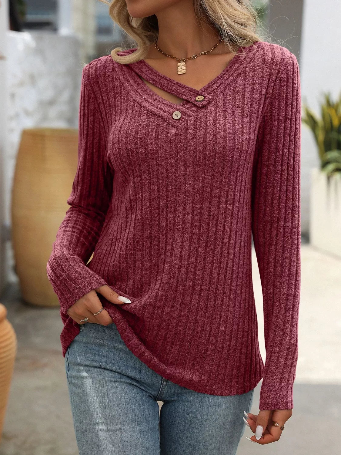 Ribbed Knit Long Sleeve Button Detail T-Shirt - Draped in Grace