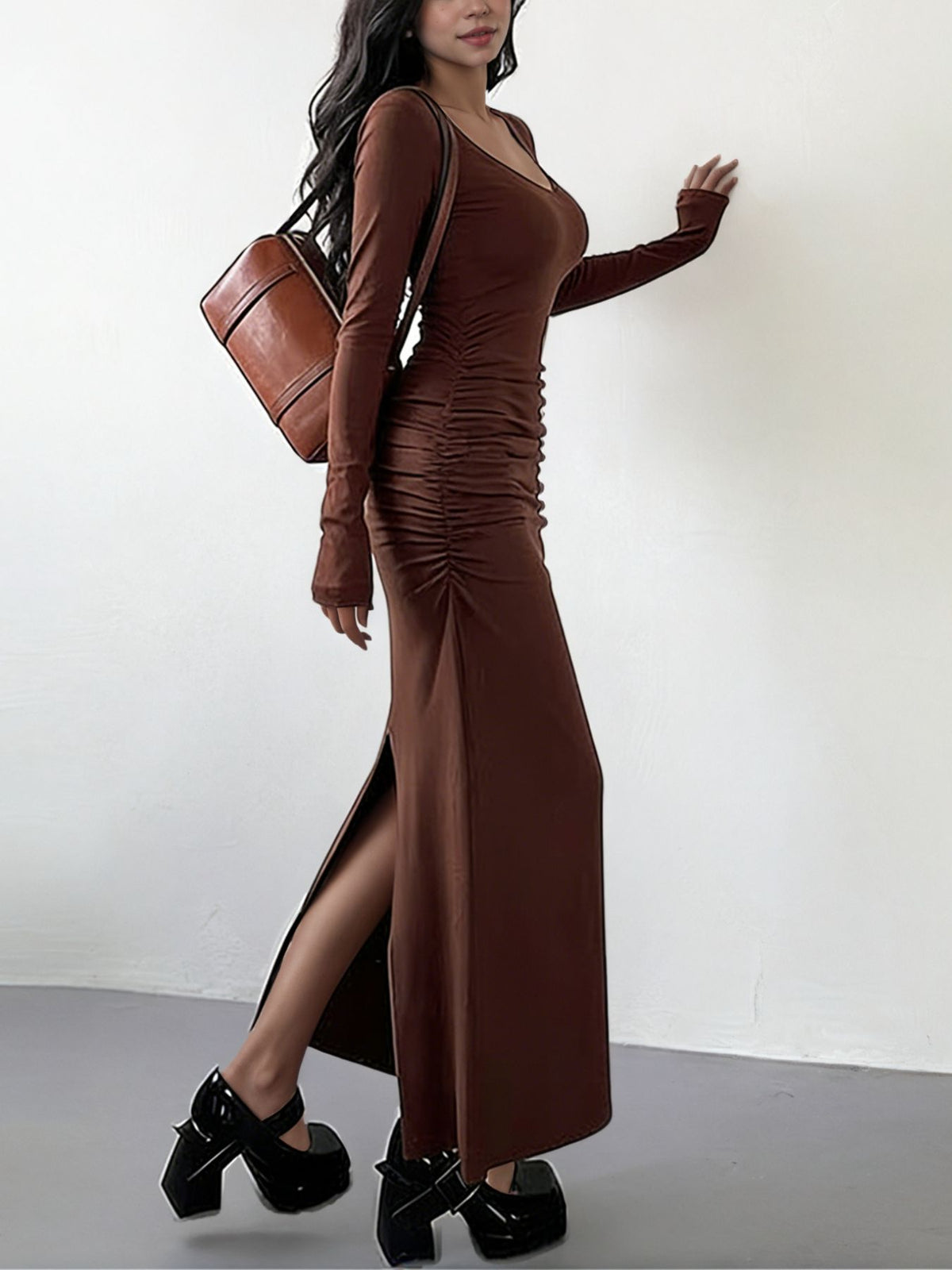 Slit Long Sleeve Bodycon Maxi Dress - Draped in Grace