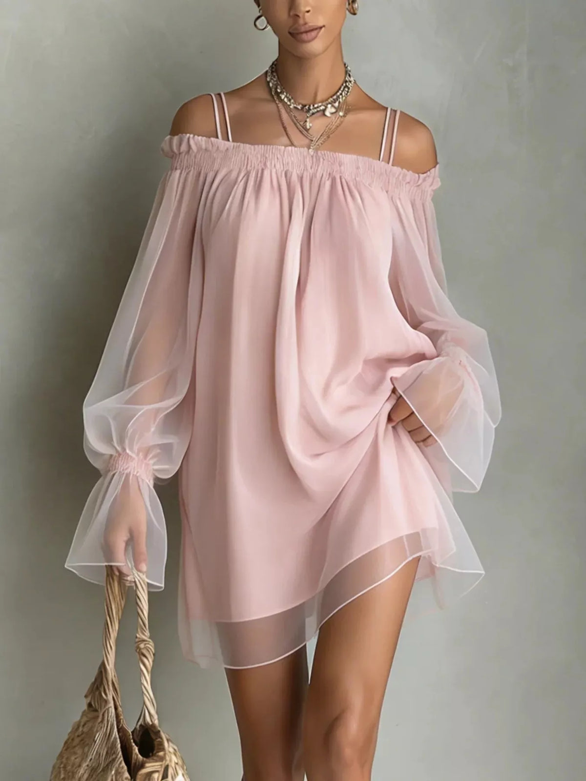 Off-Shoulder Sheer Sleeve Mini Dress - Draped in Grace