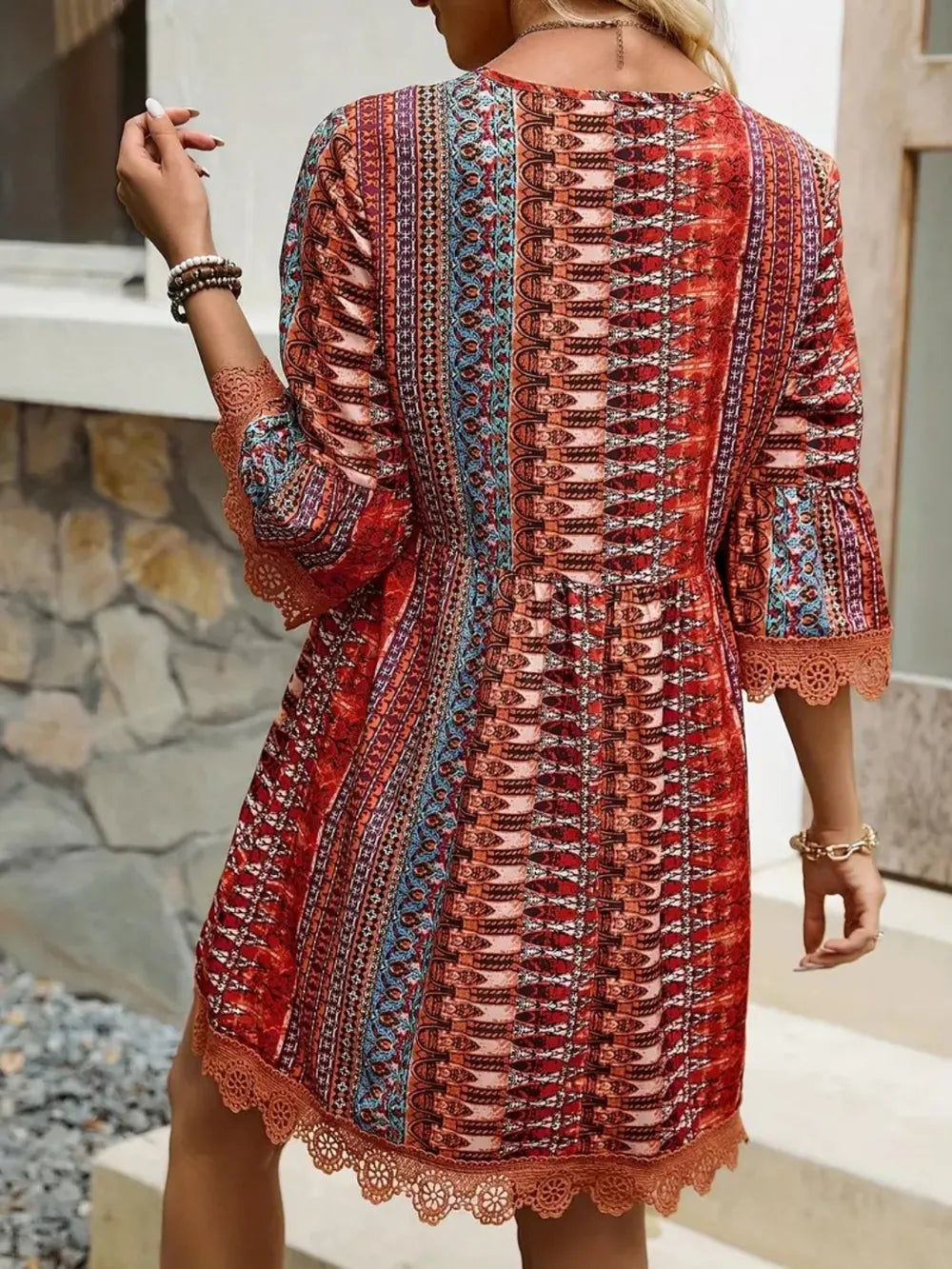Lace Trim Printed V-Neck 3/4 Sleeve Dress - Draped in Grace