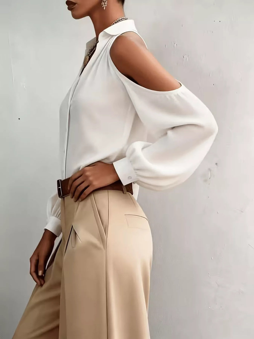 Cold-Shoulder Button-Down Shirt - Draped in Grace