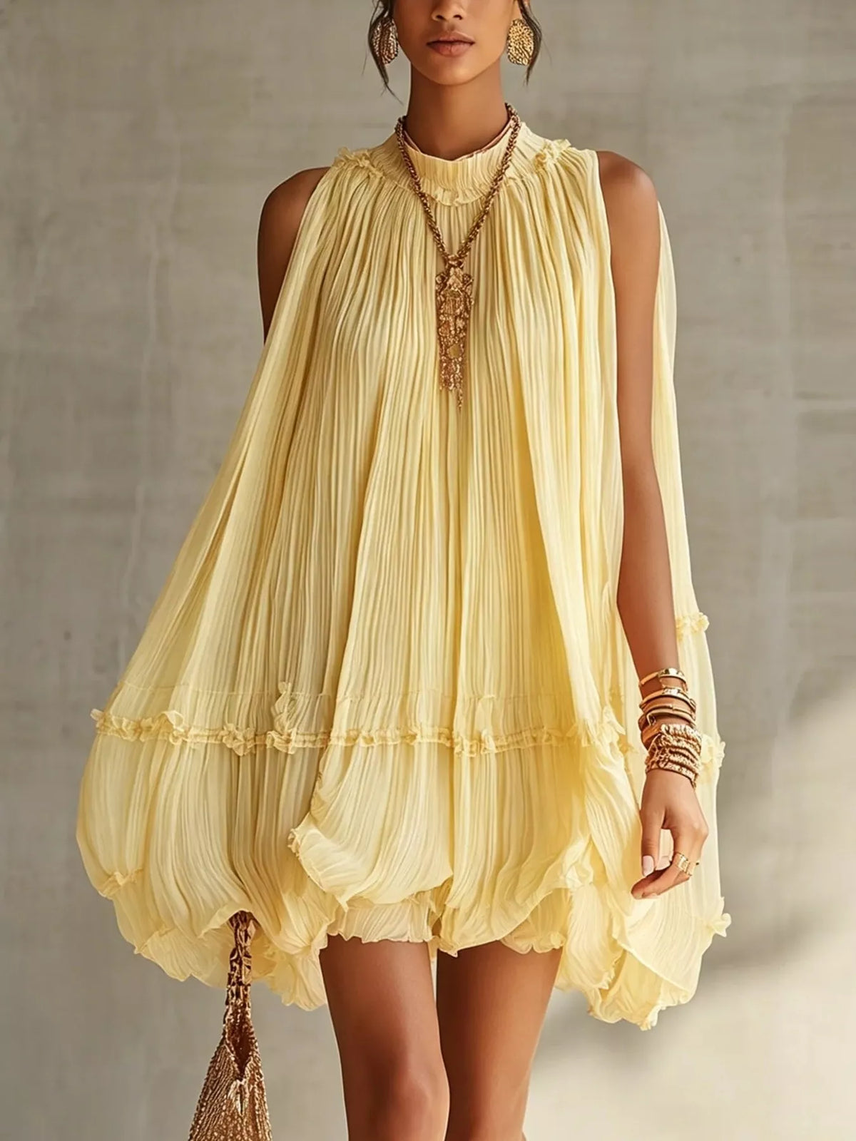 Pleated Mock Neck Sleeveless Mini Dress - Draped in Grace