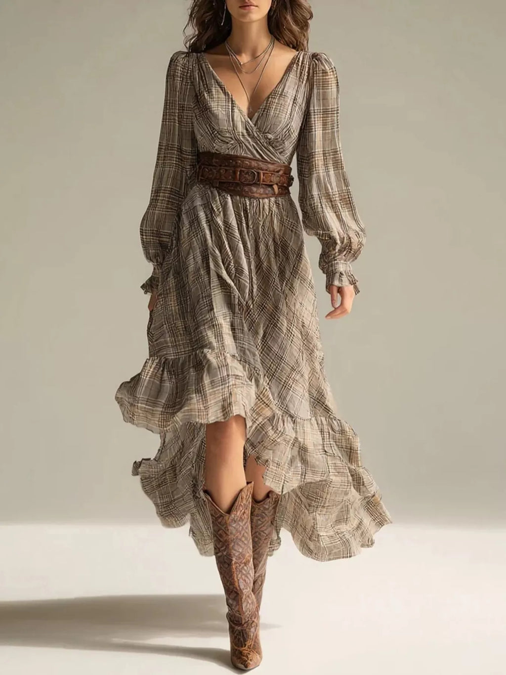 Plaid High-Low Long Sleeve Dress - Draped in Grace