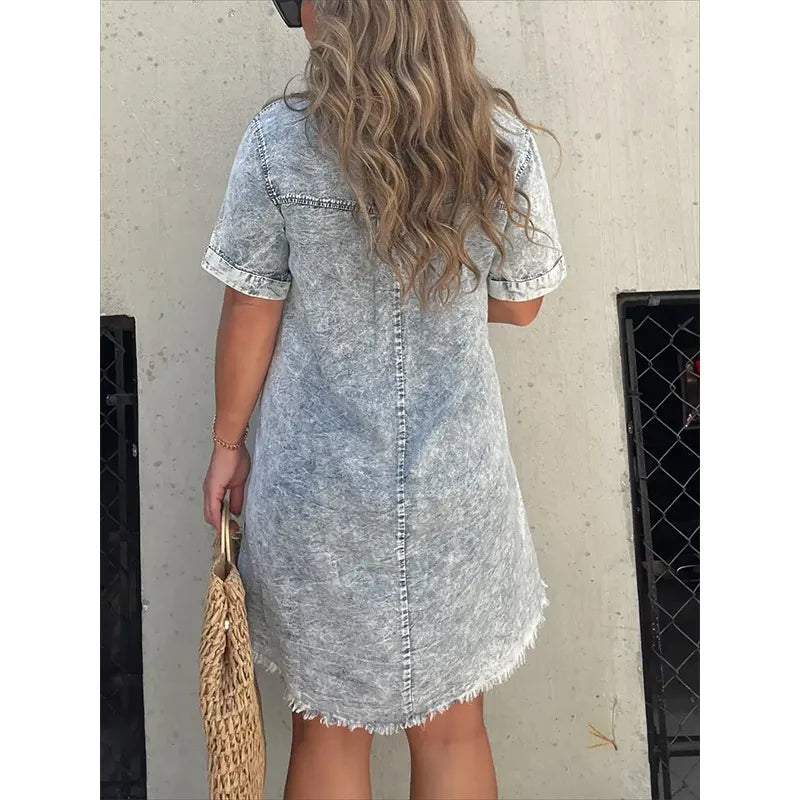 Full Size Raw Hem Short Sleeve Denim Dress Plus Size - Draped in Grace