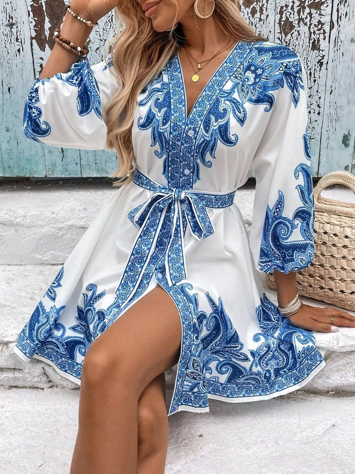 Paisley Print V-Neck Belted Mini Dress - Draped in Grace
