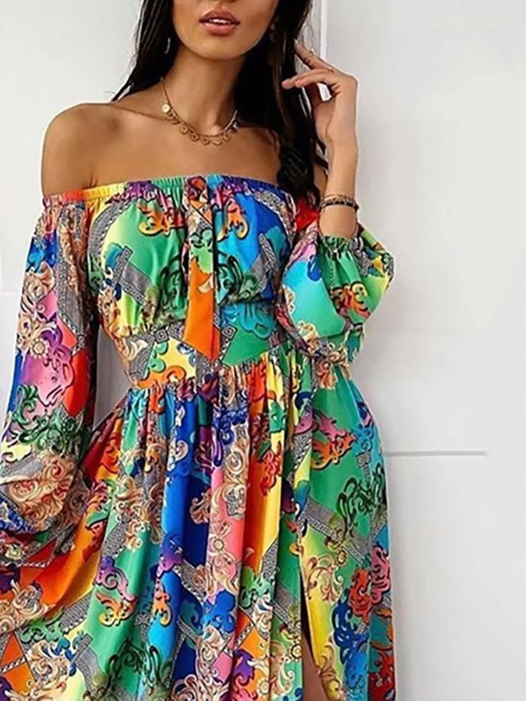 Slit Printed Off Shoulder Maxi Dress - Draped in Grace