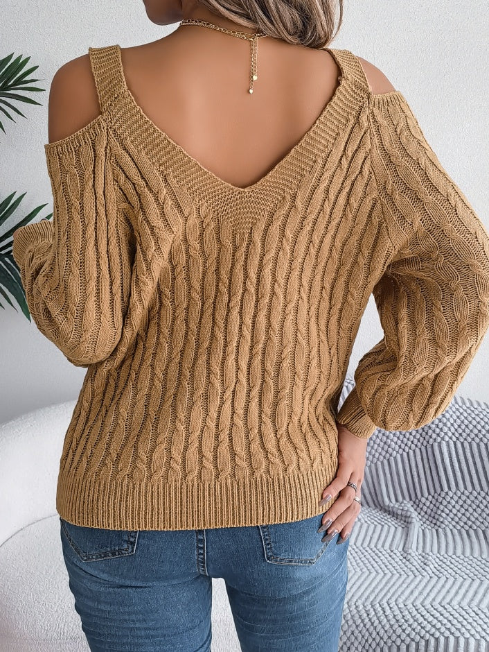 Women Casual Solid Color Cable Knit Off-Shoulder Lantern Sleeve Sweater - Draped in Grace