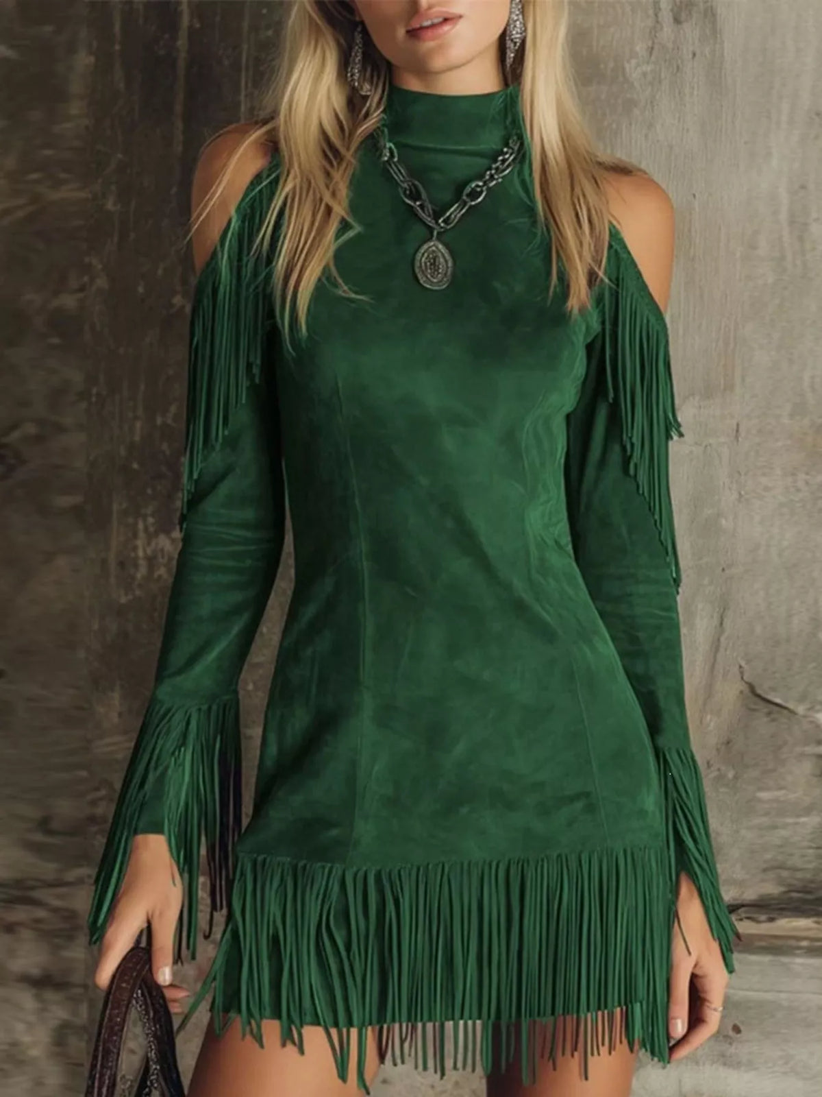 Fringed Cold Shoulder Mini Dress - Draped in Grace